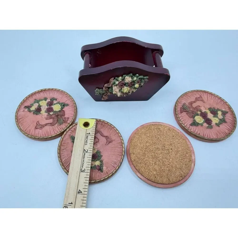 Chinese Stone Floral Rose Drink Coasters with Wooden Holder Burgundy Pink